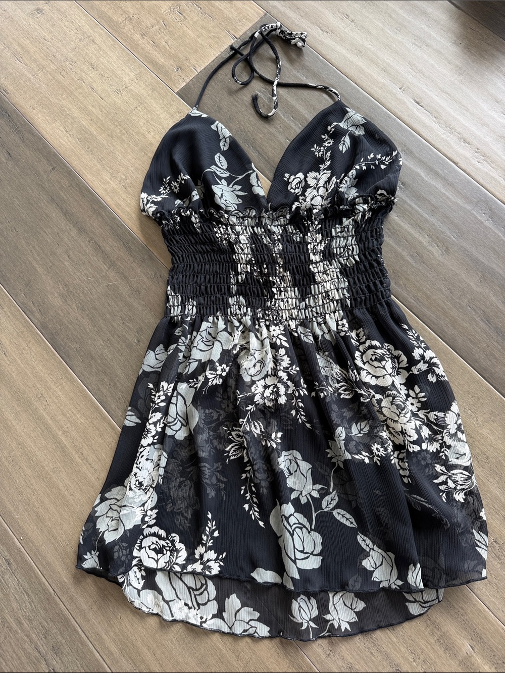 Black Floral Smocked Waist Halter Dress